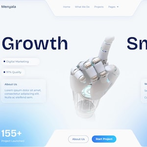 Può includere: Design di un sito web con una mano robotica che indica verso l'alto. Le parole "Growth" e "Smart" sono in evidenza. Il sito include informazioni su marketing digitale, qualità e numero di clienti.