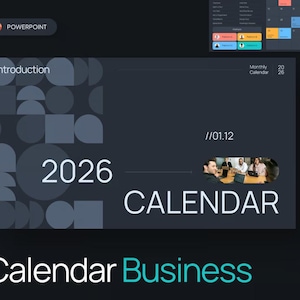 May include: A PowerPoint presentation template with a dark background. The title "2026 Calendar" is displayed prominently. The design includes calendar layouts and the text "Calendar Business" and "Presentation Template".
