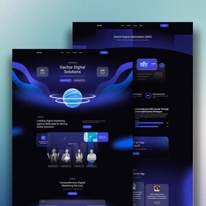 May include: A website design mockup in dark blue and purple. The design includes the text "GACHOR" at the top, with details about Elementor, templates, and SEO. The design features a planet graphic and a section for digital solutions.