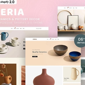 May include: A website homepage for a shop selling ceramics and pottery decor. The website features a variety of products, including mugs, bowls, vases, and teapots. The website also features a call to action to shop now.