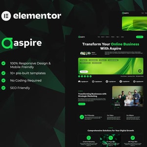 Op de afbeelding: Een schermafbeelding van de website die de Aspire-websitetemplate voor Elementor laat zien. De website heeft een groen en zwart kleurenschema met een modern ontwerp. De website bevat een portfolio-sectie, een sectie over bewezen strategieën en een sectie over het transformeren van bedrijven met behulp van strategische marketing.