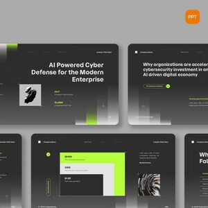 Peut inclure: Un modèle de présentation de pitch deck numérique avec un schéma de couleurs gris foncé et vert citron. Les diapositives affichent du texte, notamment AI Powered Cyber Defense for the Modern Enterprise, des graphiques et des images abstraites.