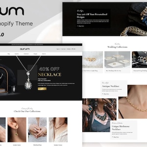 Könnte beinhalten: Ein Screenshot einer Website, die ein Shopify-Theme für Schmuck namens "Aurum" zeigt. Die Website verwendet ein Schwarz-Weiß-Farbschema mit einem großen Bild einer silbernen Halskette mit einem Anhänger. Der Text "40% Rabatt auf Halskette" wird in goldenen Buchstaben angezeigt. Die Website bietet auch einen Bereich für Hochzeitskollektionen, antike Halsketten und einzigartige Geburtsstein-Halsketten.
