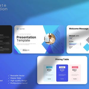Op de afbeelding: Een sjabloon voor een bedrijfspresentatie met een blauw en wit kleurenschema. De sjabloon bevat dia's voor een doel, een welkomstbericht, een prijstabel en onze service. De sjabloon is ontworpen voor gebruik in een presentatie van 30 dia's.