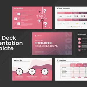 Może przedstawiać: Szablon prezentacji w kolorze różowym i białym do prezentacji pitch deck. Szablon zawiera slajdy dotyczące problemu, przeglądu rynku, oświadczenia misji, rozwiązania, rozmiaru rynku, planu cenowego i konkurencji. Szablon zawiera również slajd powitalny z tekstem "Witamy Pitch-Deck Presentation."