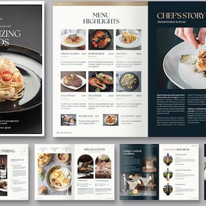 Può includere: Un opuscolo del menu del ristorante a tema scuro. La copertina presenta un piatto di pasta con frutti di mare. All'interno, ci sono punti salienti del menu, la storia dello chef, abbinamenti di vini, eventi speciali e selezioni di cocktail. L'opuscolo è progettato per un bar e un ristorante.