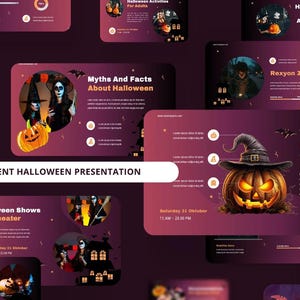 May include: A presentation template for a Halloween event with a dark purple background and orange and black accents. The template features images of pumpkins, witches, and bats. The text on the slides includes "Event Halloween Presentation", "Halloween Shows and Theatre", "Myths and Facts About Halloween", "Virtual Halloween Games", and "Halloween Charity Activities".
