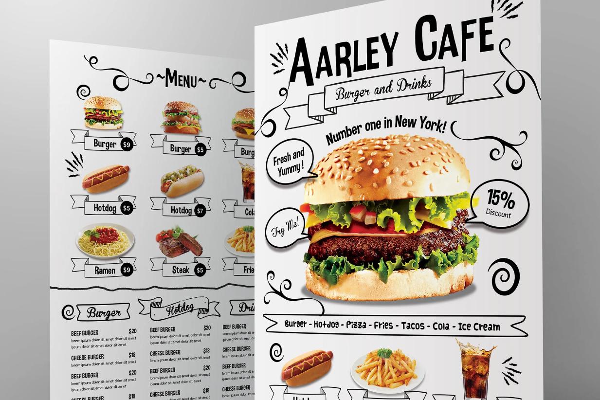 Modèle de menu Doodle Cafe : carte de visite de restaurant (PSD)