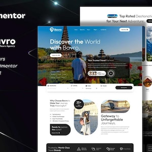 Puede incluir: Un kit de plantilla de sitio web para una agencia de viajes, con un diseño limpio y imágenes de destinos. El sitio web muestra los logotipos de Elementor y Bavro. La página principal presenta destinos y una interfaz fácil de usar.