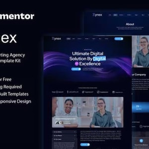 Op de afbeelding: Een website-mockup voor een digitaal marketingbureau genaamd Zynex. De website heeft een donkere achtergrond met paarse en blauwe accenten. De tekst "Ultimate Digital Solution By Digital Excellence" wordt weergegeven in een blauwe box. De website bevat ook afbeeldingen van mensen en een sectie over het bedrijf.