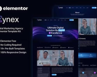May include: A website mockup for a digital marketing agency called Zynex. The website features a dark background with purple and blue accents. The text "Ultimate Digital Solution By Digital Excellence" is displayed in a blue box. The website also includes images of people and a section about the company.
