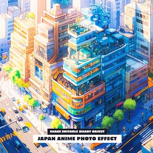 以下が含まれることがあります： アニメスタイルの街の通りのデジタルイラスト。建物は明るい色で、漫画のような外観をしています。通りには車が走っていて、人々が歩いています。画像の下部には「JAPAN ANIME PHOTO EFFECT」というテキストがあります。