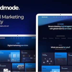 Op de afbeelding: Een schermafbeelding van een website voor een digitaal marketingbureau genaamd Brandmode. De website heeft een donkerblauwe achtergrond met witte tekst en een blauwe gradiënt. De tekst op de website luidt "We are a leading digital agency with global reach & services" en "What can we do for you?" De website toont ook een raster van diensten die door het bureau worden aangeboden, waaronder SEO, social media marketing en webontwikkeling.