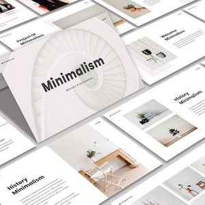 Op de afbeelding: Een presentatiesjabloon met het woord "Minimalism" in vetgedrukte, witte tekst op een witte achtergrond met een spiraalvormig trappenhuisontwerp. De sjabloon is ontworpen voor een minimalistische presentatie.