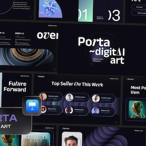May include: A presentation template for digital art featuring a dark background with purple and blue accents. The text "Porta ~digitA! art" is displayed in a large font. The template includes slides for showcasing artwork, top sellers, and popular items.