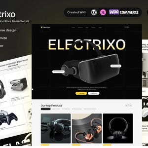 Könnte beinhalten: Ein Website-Mockup für einen Online-Elektronikladen namens Electrixo. Die Website verfügt über ein Schwarz-Weiß-Farbschema mit einem großen Bild eines Virtual-Reality-Headsets. Die Website enthält auch einen Bereich für vorgestellte Produkte, wie z. B. Kopfhörer und eine Kaffeemaschine.