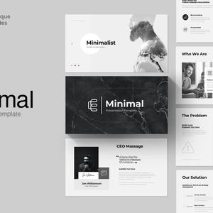 Op de afbeelding: Een zwart-witte presentatiesjabloon met de titel "Minimal" en de tekst "190+ unieke dia's". De sjabloon heeft een minimalistisch ontwerp met een zwart-wit kleurenschema.