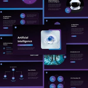 Könnte beinhalten: Eine PowerPoint-Vorlage mit dunkelviolettem Hintergrund und blauen Akzenten. Die Vorlage ist für Präsentationen über Künstliche Intelligenz konzipiert. Die Folien enthalten Text, Bilder und Diagramme zu KI-Themen wie Algorithmen, Anwendungen und Workflows.