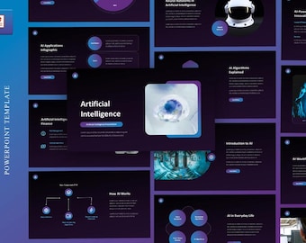 May include: A PowerPoint template with a dark purple background and blue accents. The template is designed for presentations about artificial intelligence. The slides feature text, images, and diagrams related to AI topics such as algorithms, applications, and workflows.