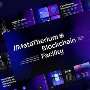 May include: A presentation template for a blockchain facility called MetaTherium. The template features a dark blue background with purple and white accents. The text "//MetaTherium Blockchain Facility" is displayed in a large, bold font. The template also includes images of a person in a hooded sweatshirt, a team of people, and a blockchain diagram.