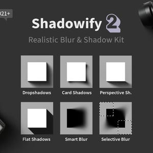 Può includere: Uno screenshot di uno schermo di computer che mostra un plugin di Photoshop chiamato "Shadowify 2" che crea effetti di sfocatura e ombra realistici. Il plugin offre una varietà di opzioni per creare diversi tipi di ombre, tra cui ombre proiettate, ombre di carta, ombre in prospettiva, ombre piatte, sfocatura intelligente e sfocatura selettiva.