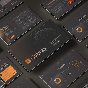 Può includere: Un set di diapositive di presentazione con sfondo grigio scuro e accenti arancioni. Le diapositive presentano grafici, tabelle e testo sulla sicurezza informatica. Il logo aziendale, "Cybray", è presente su diverse diapositive.
