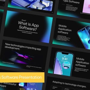 Op de afbeelding: Een presentatie over app-software met een gele banner waarop "Apps Software Presentation" staat. De dia's tonen afbeeldingen van smartphones met verschillende app-interfaces en tekst over de ontwikkeling en de impact van app-software.
