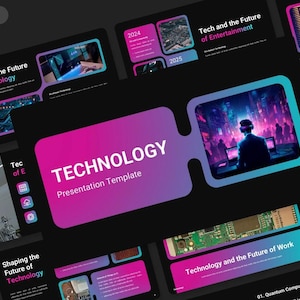 Puede incluir: Plantilla de presentación con fondo negro y diseño degradado morado y rosa. El título "TECNOLOGÍA" se muestra de forma destacada. Las diapositivas presentan imágenes futuristas y texto sobre tecnología.