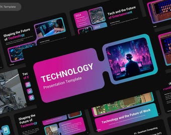 May include: A presentation template with a black background and a gradient purple and pink design. The title "TECHNOLOGY" is prominently displayed. The slides feature futuristic imagery and text about technology.