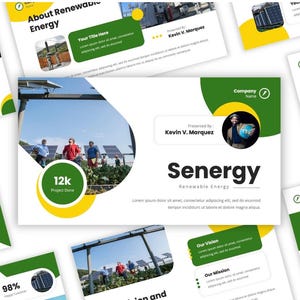 Puede incluir: Una presentación de diapositivas con un esquema de color verde y amarillo. El título de la presentación es "Senergy: Energía renovable". La presentación incluye imágenes de paneles solares, turbinas eólicas y una persona sosteniendo un globo terráqueo. El texto de la diapositiva incluye el nombre de la empresa, el nombre del presentador y la misión y visión de la empresa.