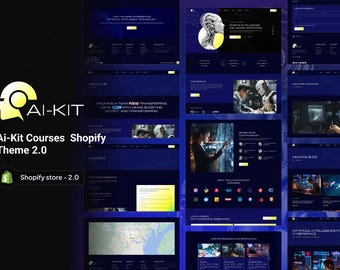 May include: A dark blue website design with the text "AI-KIT" in white and yellow. The website features a variety of sections, including "About Us", "Creative AI Team", "News & Blog", and "Artificial Intelligence for Protecting Cyberspace".