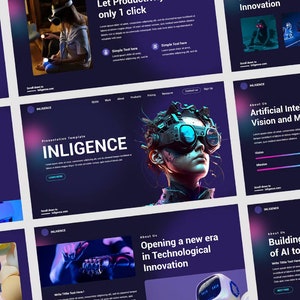 May include: A website design template with a futuristic theme. The template features a dark purple background with neon blue and pink accents. The text "INLIGENCE" is displayed in a large, bold font. The website design is for a company that specializes in artificial intelligence.