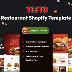 以下が含まれることがあります： Shopifyプラットフォームを使用したレストランのウェブサイトのモックアップ。ウェブサイトには、ハンバーガー、ピザ、その他の食品の画像が表示されています。ウェブサイトのテキストには、「TESTO Restaurant Shopify Template」、「Shopify 2.0 Ready」、「Captivating Homepages」、「Multiple Header & Footers」、「RTL Included」、「Bookings with Easy Booking Form」、「BIG B LITTLE」、「NA CHICKEN RANCHERC FROM $24.99」、「Burger Meal」、「Happy」、「CROPY CHEES BURGER IS BACK」、「ZA」、「ES ING」、「BRINGS TOGETHER LIKE」が含まれています。