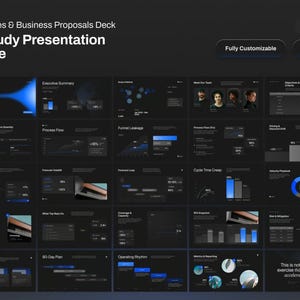 May include: A dark presentation template with 25 pages for sales and business proposals. The title "Case Study Presentation Template" is displayed in white text. The template includes charts, graphs, and text boxes with blue accents. The words "Fully Customizable" and "16:9 Resolution" are also visible.