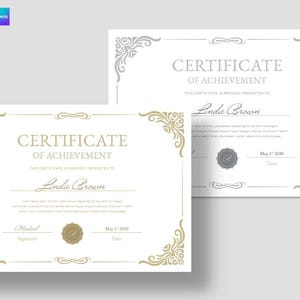 May include: Two certificates of achievement are shown. The certificates have a white background with gold and silver decorative borders. The text "CERTIFICATE OF ACHIEVEMENT" is at the top, with a name and date below. The certificates are for Linda Brown.