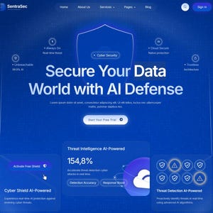May include: A website interface with a dark blue background. The text "Secure Your Data World with AI Defense" is prominently displayed. The site promotes cyber security with features like real-time threat detection and AI protection. The site includes the text "Start Your Free Trial".
