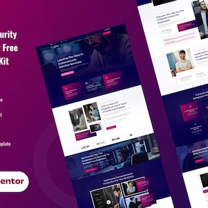 Puede incluir: Una plantilla de sitio web para una empresa de ciberseguridad. La plantilla está diseñada en un estilo moderno con un esquema de color azul oscuro y morado. El sitio web presenta una variedad de imágenes y texto, incluida una llamada a la acción para obtener más información sobre los servicios de la empresa.