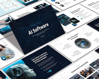 May include: A presentation slide deck with a dark blue background and white text. The title slide features the text "AI Software" in a white sans-serif font. Other slides include images of a robot eye, a person wearing virtual reality goggles, and a person using a smartphone. The slides also include text about the future of AI, AI data analysis, and AI innovation.