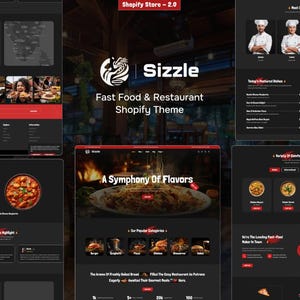 Könnte beinhalten: Ein Website-Mockup für ein Fast-Food-Restaurant namens Sizzle. Die Website hat einen schwarzen Hintergrund mit roten Akzenten und Bildern von Essen. Der Text "A Symphony of Flavors" wird in einem roten Kasten auf der Website angezeigt.