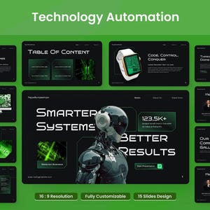 Pode incluir: Uma apresentação sobre automação tecnológica com um esquema de cores verde e preto. Os slides incluem texto como "Sistemas mais inteligentes, melhores resultados". Uma figura robótica é apresentada.