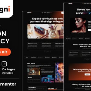 May include: A website template kit for a creative design agency. The template features a dark background with orange accents and includes 10+ pages. The text "Dezigni" is displayed in a large font at the top of the page. The text "Creative Design Agency" is displayed below the logo. The text "Template Kit" is displayed below the agency name. The text "Easy To Customize" and "10+ Pages Included" are displayed in boxes below the template kit text. The text "Welementor" is displayed below the boxes. The website template features a variety of images, including a camera, a woman's face, and a cityscape.
