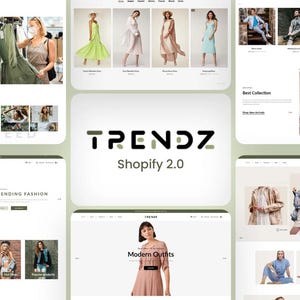 以下が含まれることがあります： 「TRENDZ Shopify 2.0」というオンライン衣料品店のウェブサイトのモックアップです。ウェブサイトには、ドレス、シャツ、ジャケットなど、さまざまな衣料品が掲載されています。ウェブサイトには、ソーシャルメディアフィードと新着商品のセクションも含まれています。