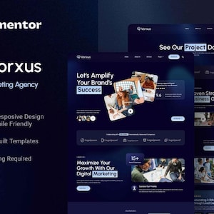 Puede incluir: Una plantilla de diseño de sitio web azul oscuro para una agencia de marketing digital. La plantilla presenta un diseño moderno y elegante, con un enfoque en mostrar los servicios de la agencia y sus historias de éxito. El texto "Let's Amplify Your Brand's Success" se muestra de forma destacada en la página de inicio, junto con imágenes de personas trabajando en proyectos. La plantilla también incluye una llamada a la acción para "Maximizar su crecimiento con nuestro marketing digital."