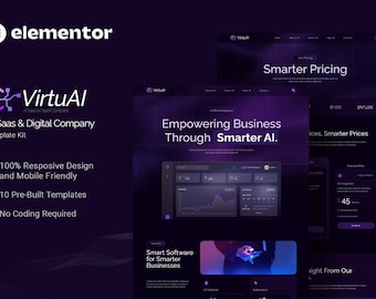May include: A website mockup for a company called VirtuAl, an AI SaaS & Digital Company Template Kit. The website features a dark purple background with a grid pattern and text that reads "Empowering Business Through Smarter AI." The website also includes a graph and a section that says "Smart Software for Smarter Businesses."