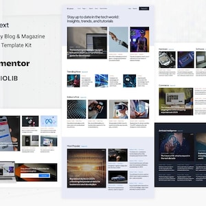 May include: A website screenshot showcasing a technology blog and magazine template kit for the Elementor website builder. The website features a modern design with a dark blue and white color scheme. The website includes a variety of articles on topics such as social media, artificial intelligence, and the future of technology. The website also includes a call to action to subscribe to the blog.