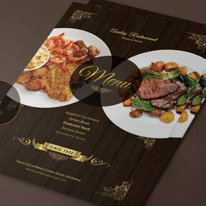 May include: A restaurant menu with a dark wood grain background. The menu features plates of food, including steak, shrimp, and potatoes. Gold text reads "Garley Restaurant Steak & Pasta" and "Menu". The menu also includes the text "SINCE 1990".