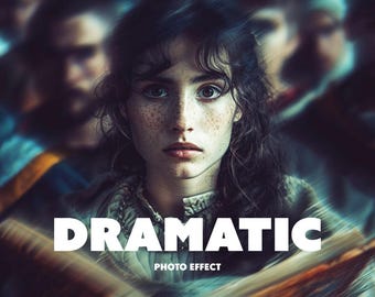 Op de afbeelding: Een vrouw met donker haar en sproeten kijkt recht in de camera. Ze draagt een lichtbruin shirt en is omringd door wazige figuren. De tekst "DRAMATIC PHOTO EFFECT" staat in witte letters op een donkere achtergrond.