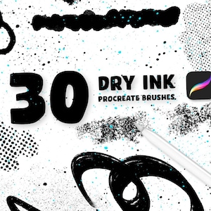 May include: Digital art set featuring 30 dry ink Procreate brushes. The image displays black ink brush strokes, splatters, and the number 30 in bold font. A stylus and the Procreate app icon are also visible.