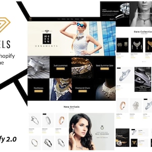 Può includere: Uno screenshot di un sito web che mostra un tema Shopify per la gioielleria. Il sito web presenta una varietà di gioielli, tra cui collane, orecchini e anelli. Il sito web ha anche una sezione per i nuovi arrivi e le collezioni rare. Il sito web è progettato per essere facile da usare e visivamente accattivante.