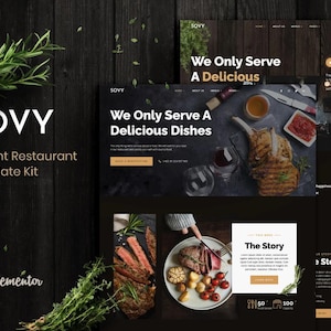 Puede incluir: Maqueta de sitio web para un restaurante llamado "SOVY" con el lema "Kit de plantilla de restaurante elegante". El sitio web presenta imágenes de comida, un botón de llamada a la acción y una sección sobre la historia del restaurante.